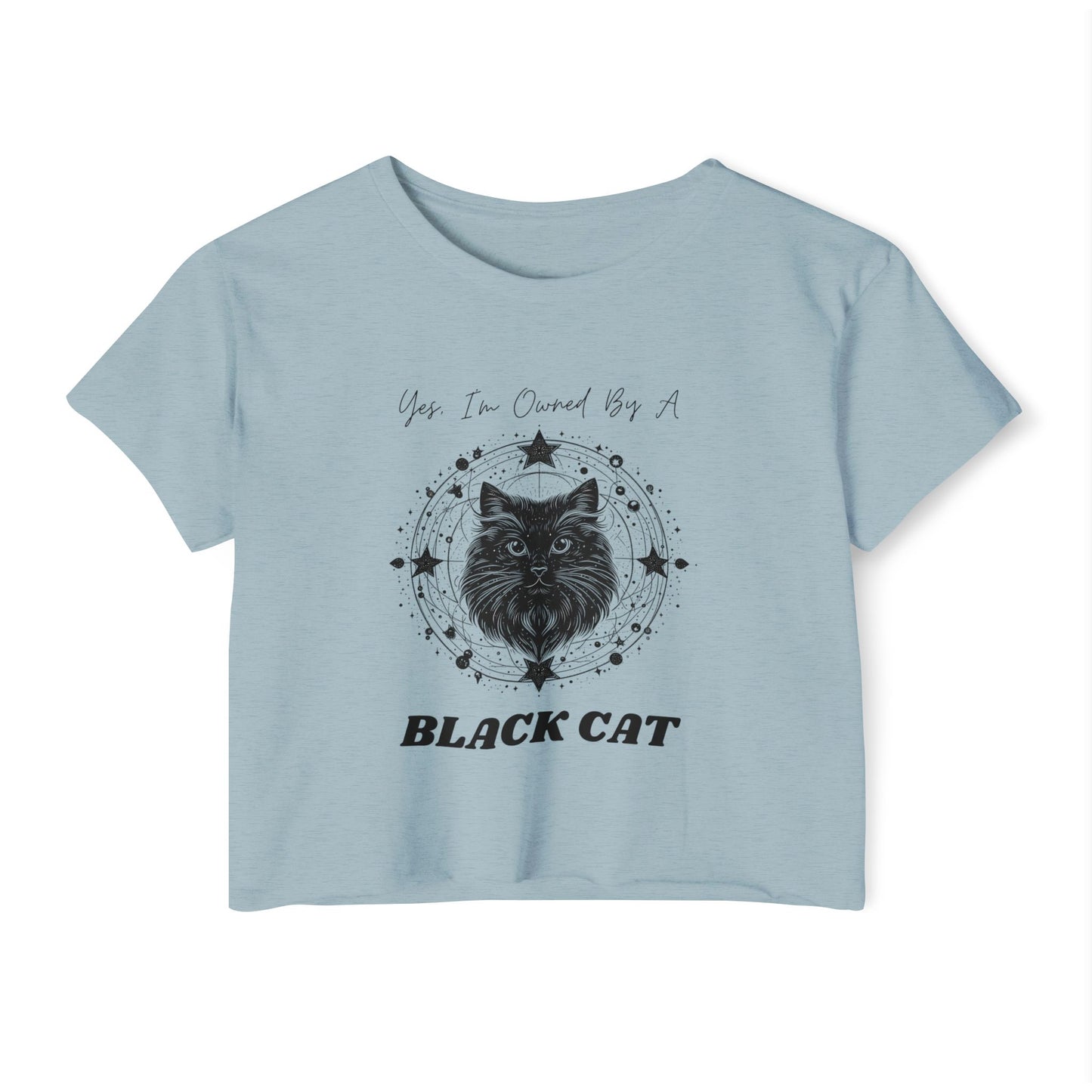Crop Top Tee for Cat Lovers - Black Cat with Stars