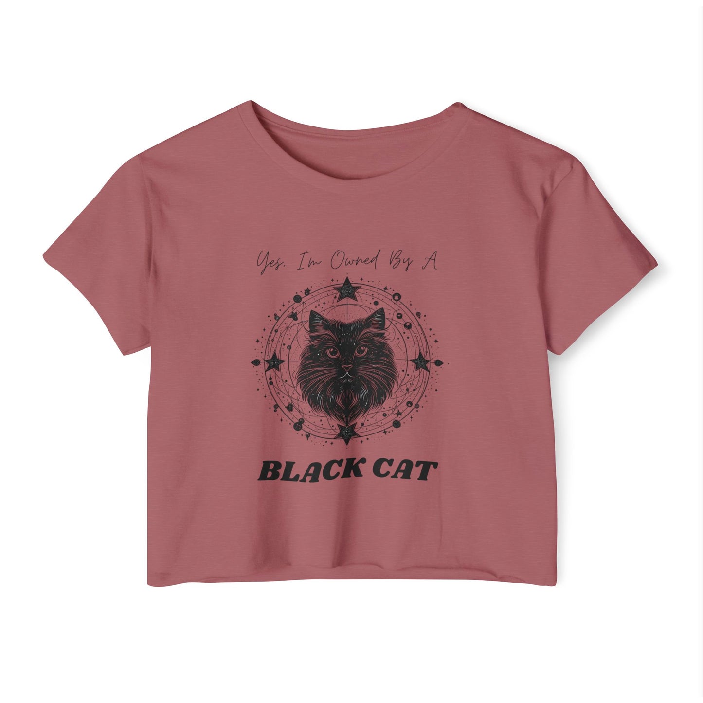 Crop Top Tee for Cat Lovers - Black Cat with Stars