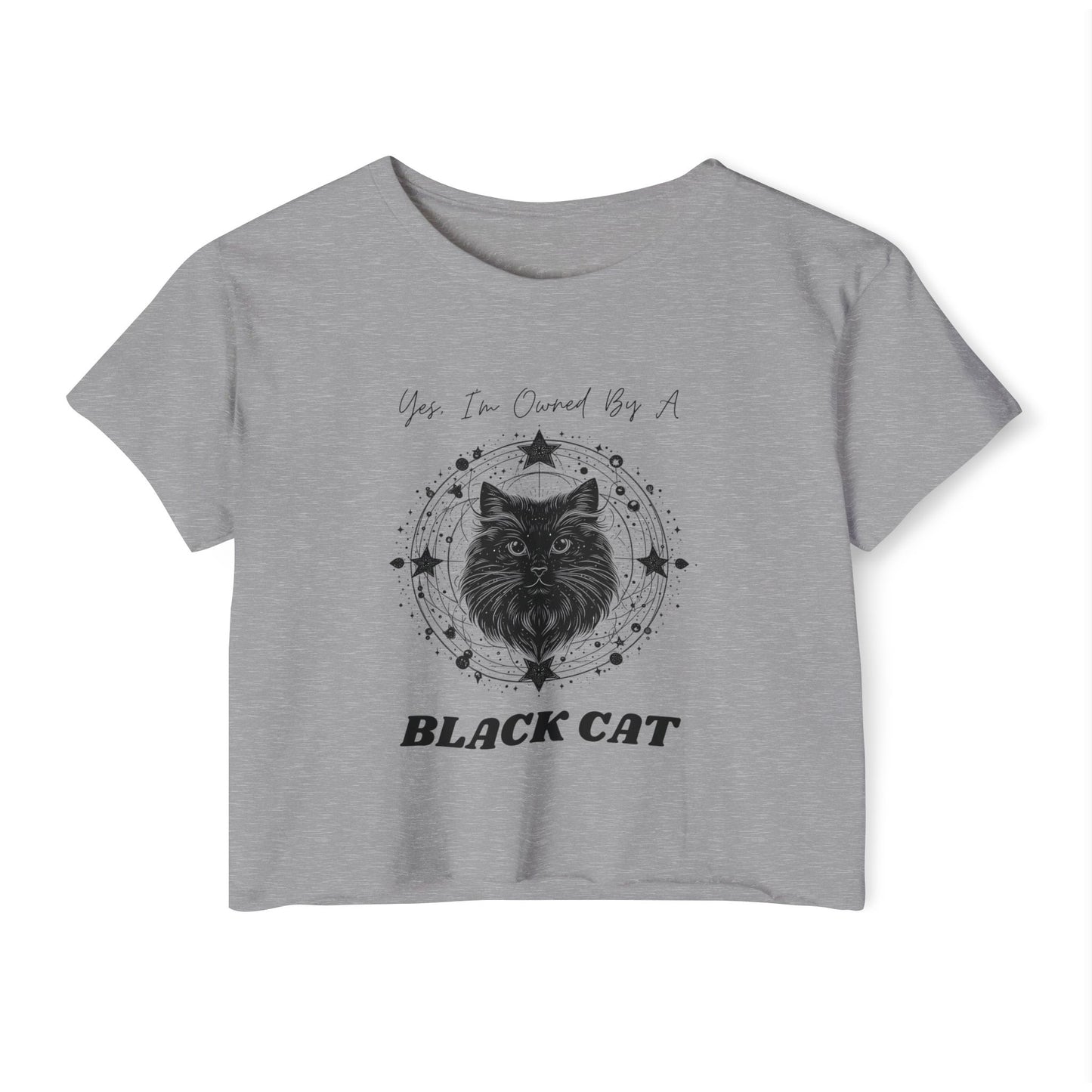 Crop Top Tee for Cat Lovers - Black Cat with Stars