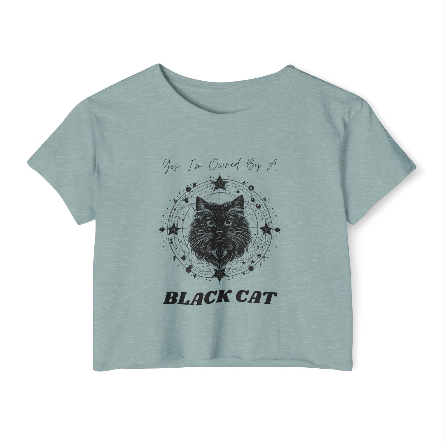 Crop Top Tee for Cat Lovers - Black Cat with Stars